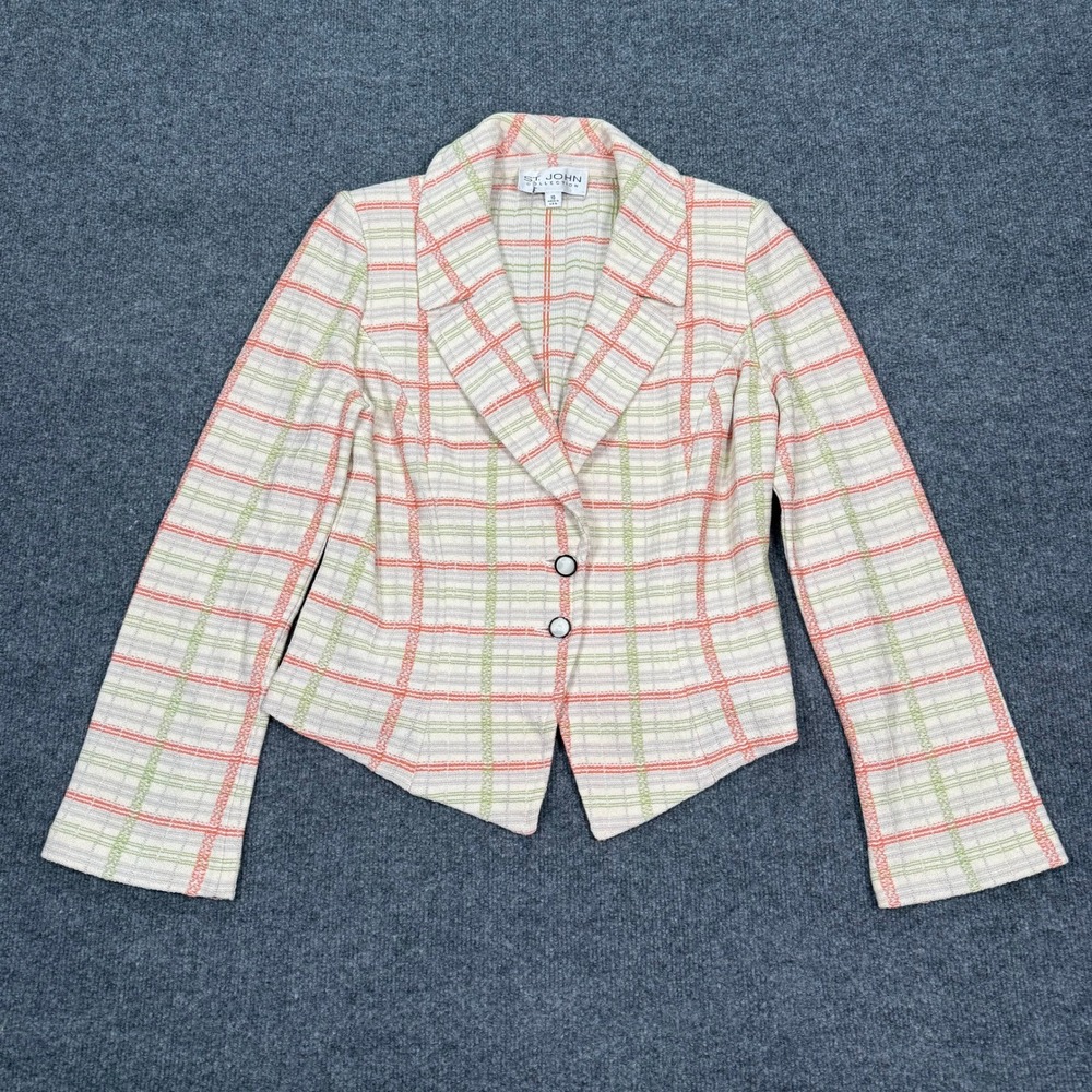 VTG St John Collection Orange Green Plaid Knit Blazer Jacket Size 10 Made in USA